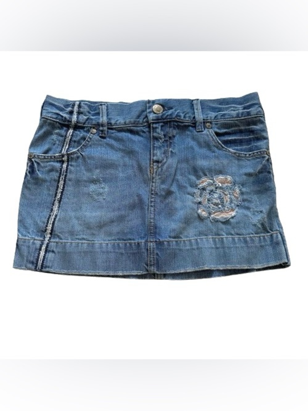 Old Navy Special Edition Blue Distressed Denim Mini Skirt Embroidered Size 2